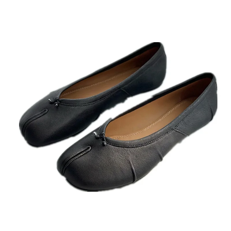 

Withered Minimalist Women's Shoes French Elegant Split Toe Flat Shoes Loafers Shoes Vintage Leather Black Shoes Women