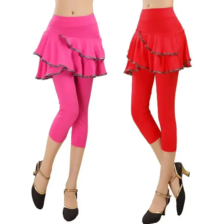 2024 Women Fake Two Piece Dancing Skirt Pants Square Dance Pants Silk Latin Dance Practice Pants Women  Divided Skirt Z396