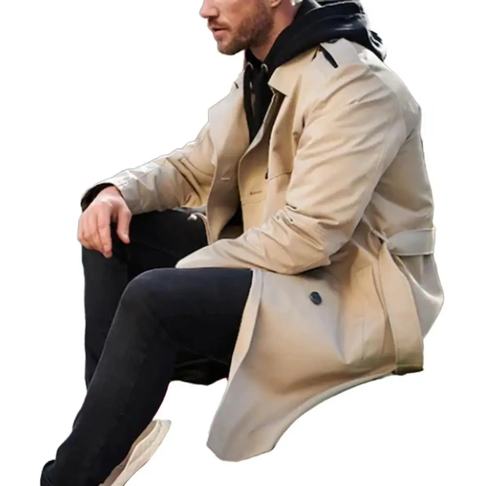 Business Mid-length Double-breasted Jacket Men Belt Coat Stylish Men's Double-breasted Long Coat Slim Fit for Autumn/winter