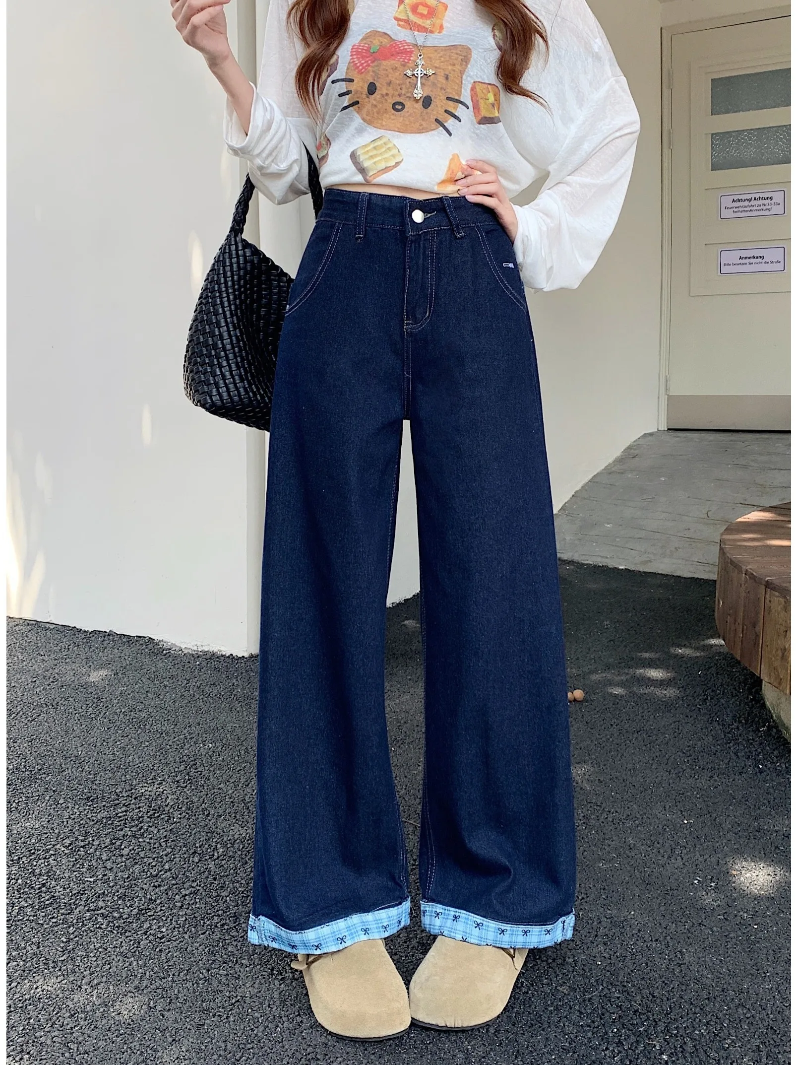 

Женские джинсы с высокой талией, в клетку, с пэчворком, весна 2026, новинка, маленький размер, с бантом, прямые, повседневные, для работы и отдыха