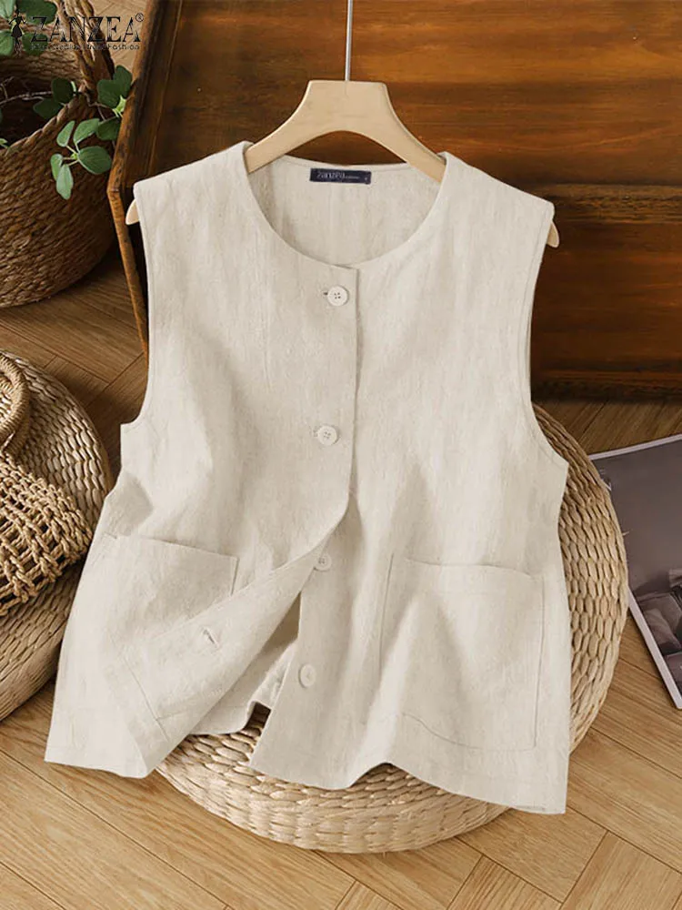 Women Sleeveless Vests Tops 2024 ZANZEA Summer Solid Cotton Blouse Female Elegant OL Work Shirt Casual Buttons Down Blusas Mujer