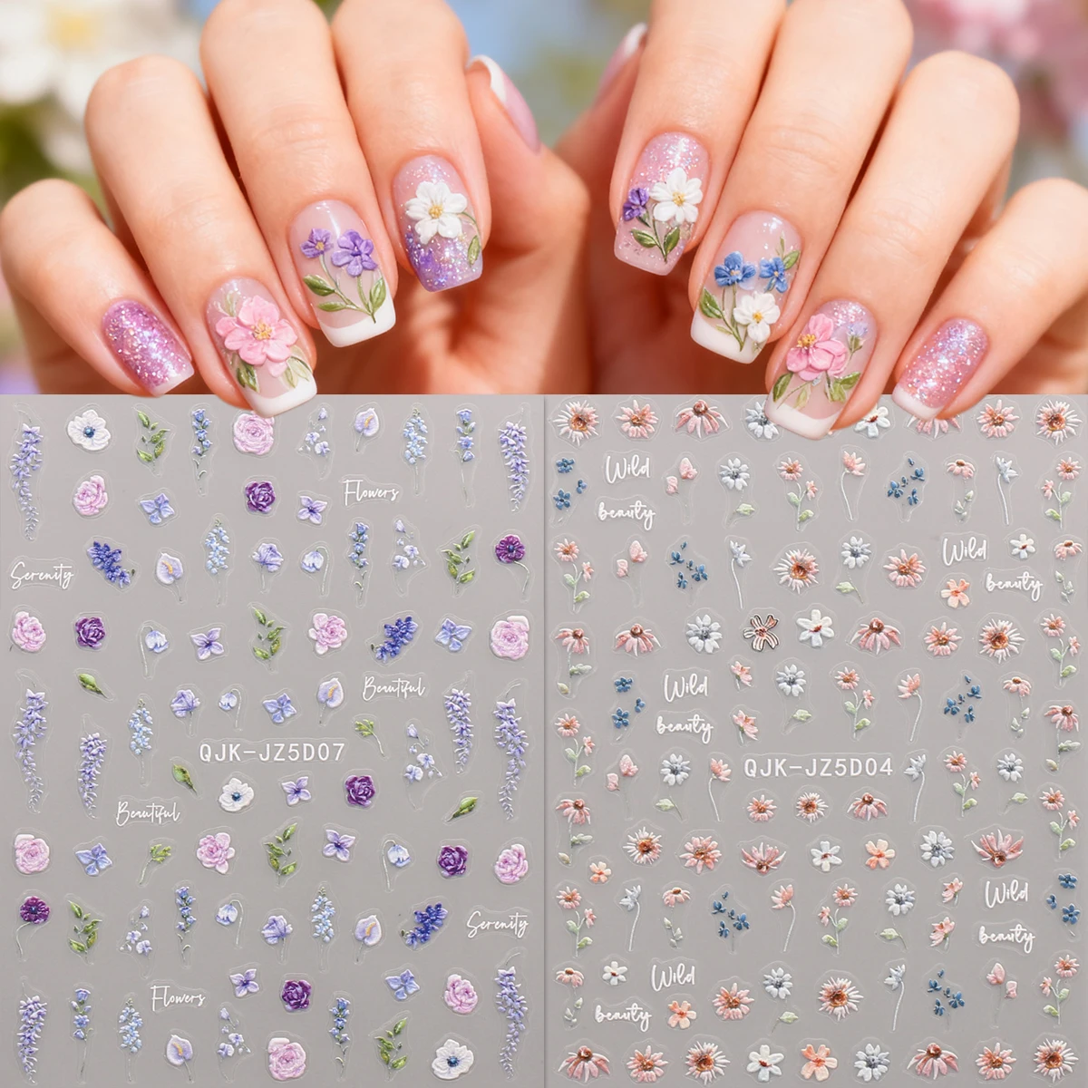 2pcs spring flower and grass embossed nail art stickers, 5D exquisite finish, DIY, gift, wedding party makeup, Y2K, artistic