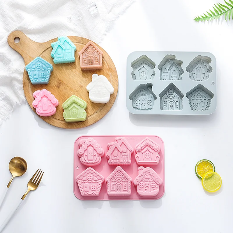 

Рождественская силиконовая форма, форма для мыла в виде пряничного домика, антипригарная форма для выпечки ручной работы с 6 отверстиями, подходит для выпечки тортов и кубиков льда