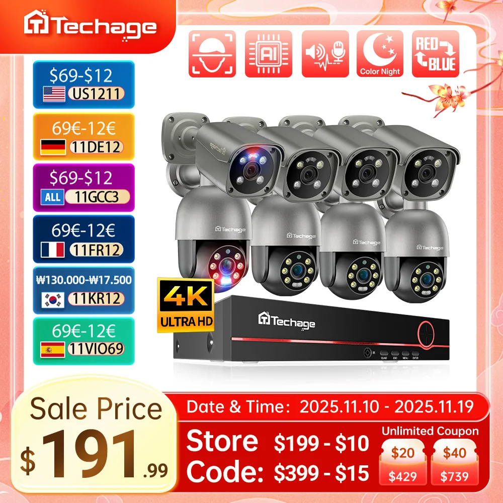 

Techage 8CH 4K UHD 8MP PTZ POE Camera System Outdoor AI Human Detect Two-way Conversation CCTV Video Surveillance H.265 NVR Kit