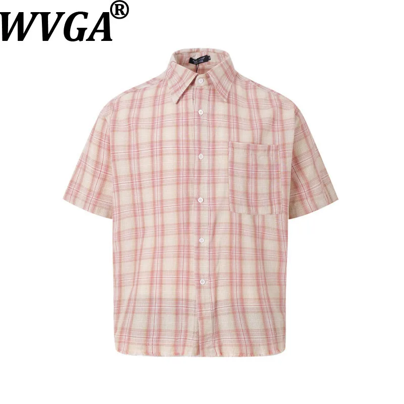 

WVGA Summer New Men Plaid Trendy Short Sleeve Shirt Niche Chic Casual American Street Style Distressed Hem Frayed Top Ins W19601