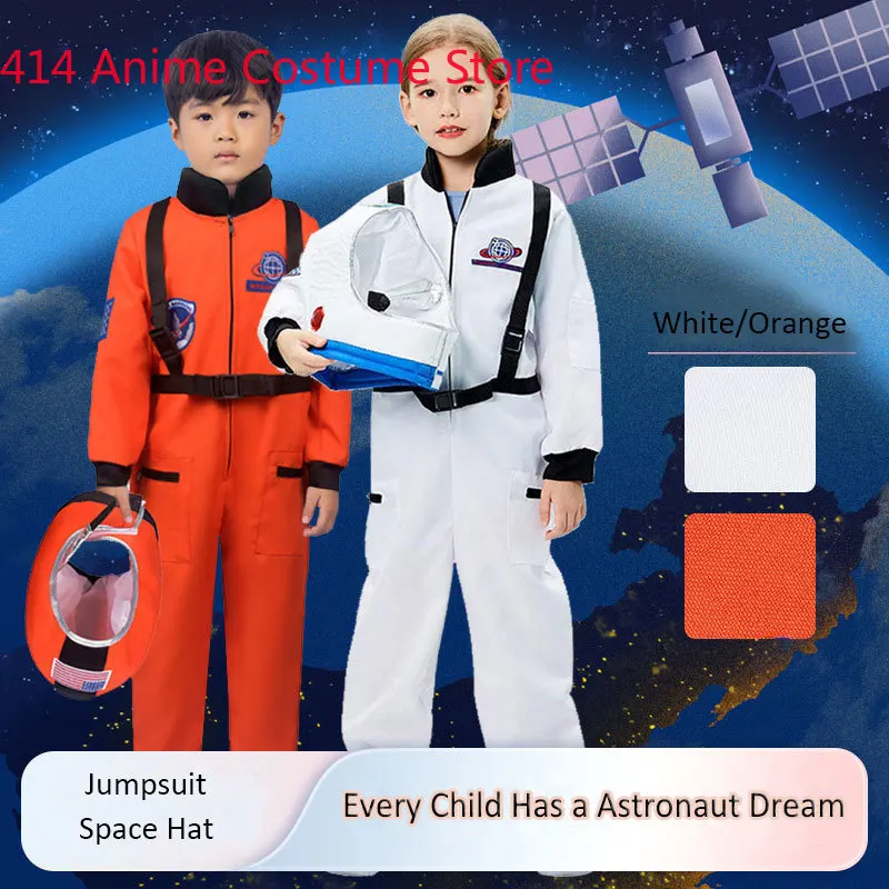 Orange White Spaceman Cosmonaut Astronaut Costume Cosplay for Kids Children Boys Girls Jumpsuit with Space Helmet