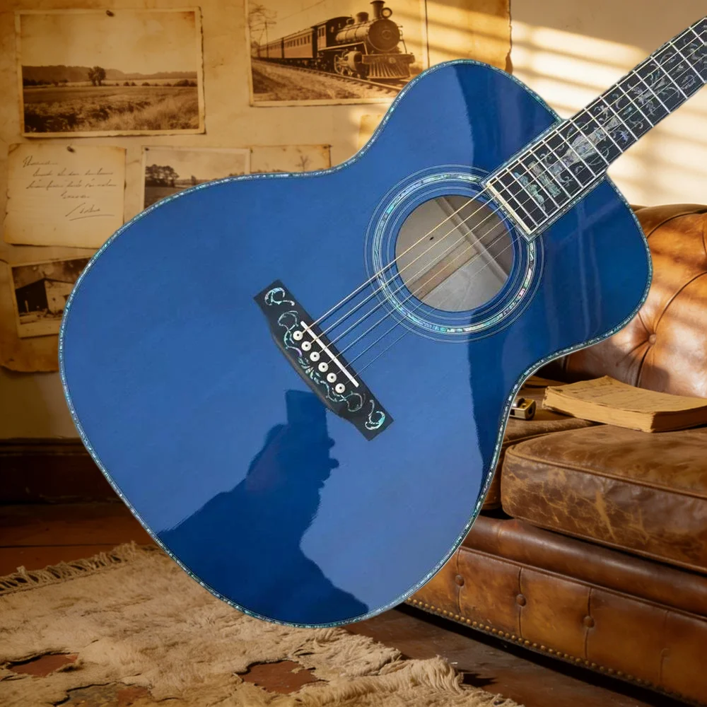 Guitarra Acústica de 40 Pulgadas, 6 Cuerdas, Color Azul Cielo, Serie OM45, Tapa Sólida, Acabado Brillante Azul, Cuerpo de Picea Asperata, Envío Gratis