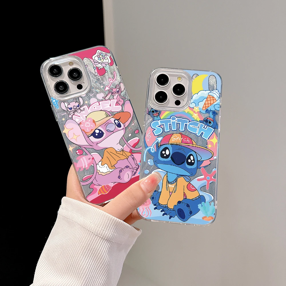 Cute Stitch and Angie Phone Case for iPhone 15 14 Plus 13 12 11 Pro Max X Xs XR 8 7 Feather Texture Hard Cover