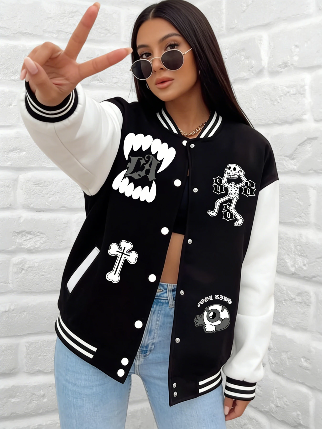 Damska kurtka baseballowa LA Fang z grafiką szkieletu, fajny, zabawny wzór, luźny krój, odzież wierzchnia, casualowa odzież uliczna, do noszenia na co dzień.