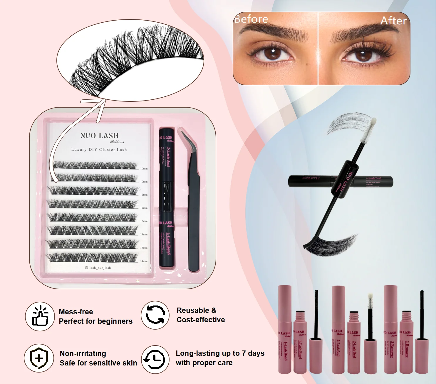 NUO Wholesale DIY Individual Eyelashes Private Label Pre-Cut Eyelash Extension Kit Lash Bond Seal Remover Strong Hold Lash Glue