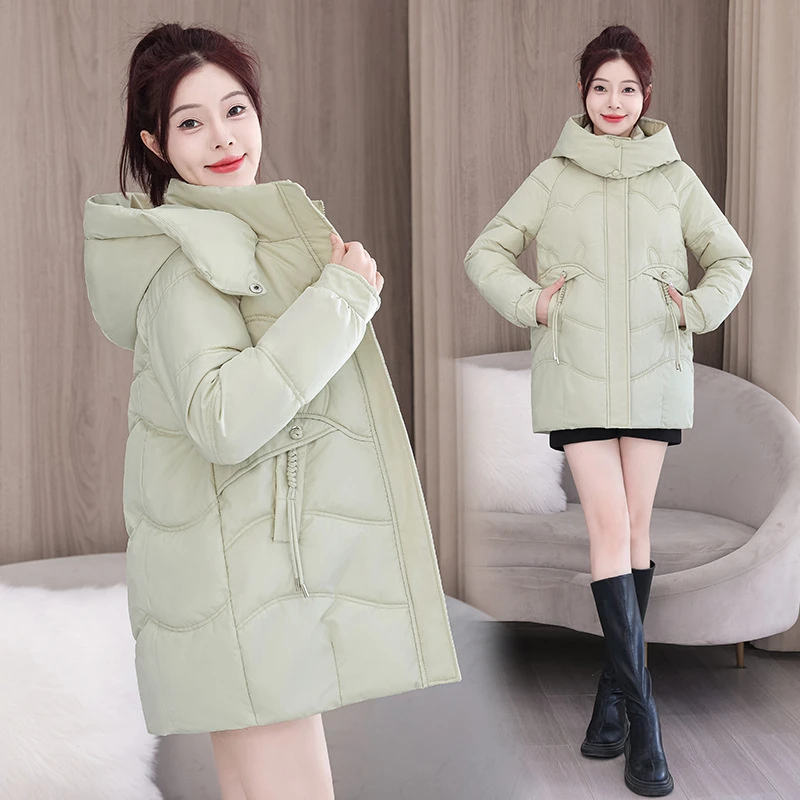 신상 여성 겨울 면 패딩 재킷 중간 길이 파카 긴 소매 후드 두꺼운 따뜻한 루즈 캐주얼 소녀 핑크 아우터웨어 시크 디자인
