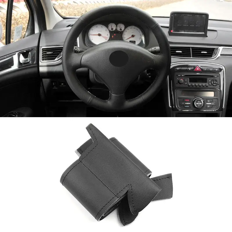 For Peugeot 307 2001 2002 2003 2004 - 2008 307 SW 2005-2008 Car Interior Steering Wheel Cover Black Microfiber Leather Line Trim