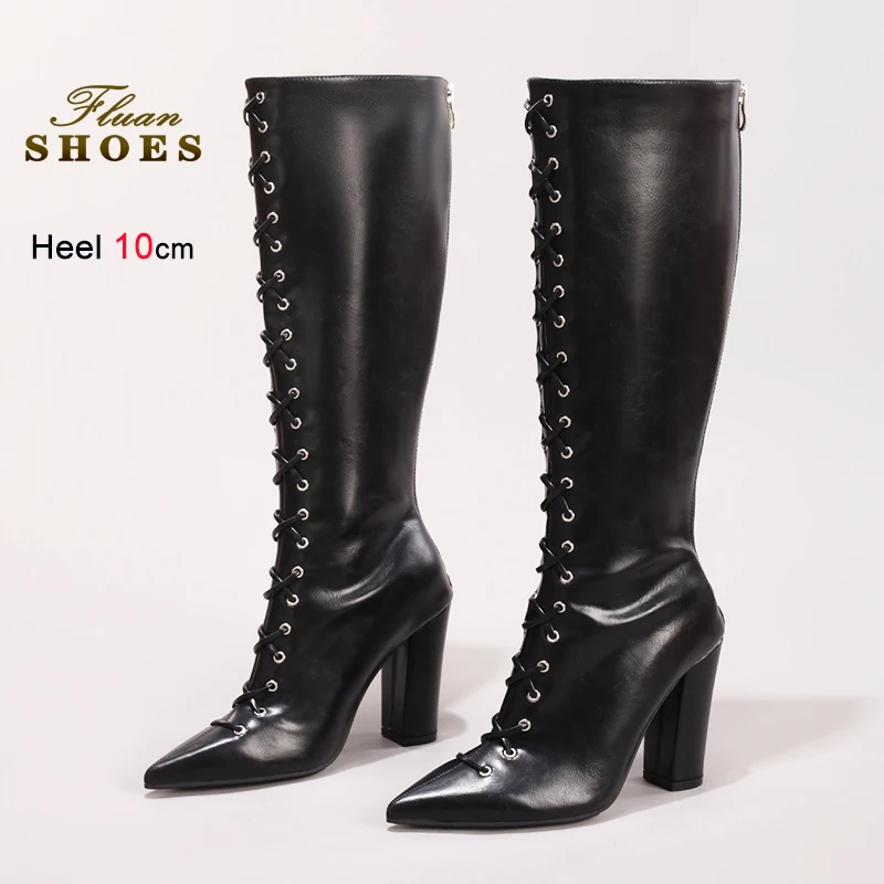

Сексуальные сапоги до колена на шнуровке 10 см для женщин в европейском и американском стиле, женские сапоги на остром массивном каблуке, длинные туфли для ночного клуба