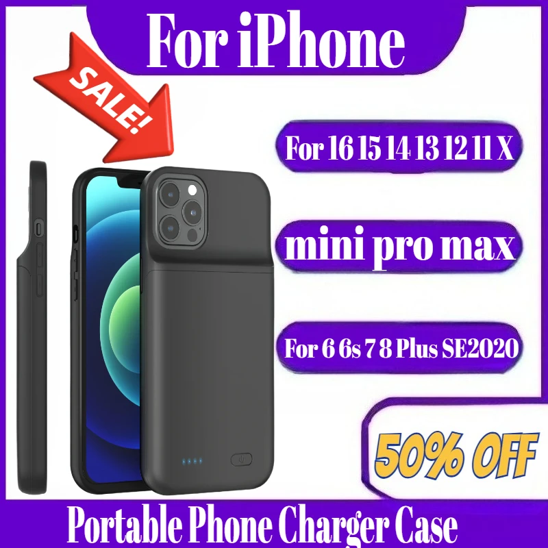 

Portable Phone Charger Case for IPhone 16 15 14 13 12 11 X Mini Pro Max Battery Charging Case for 6 6s 7 8 Plus SE2020 6800mAh