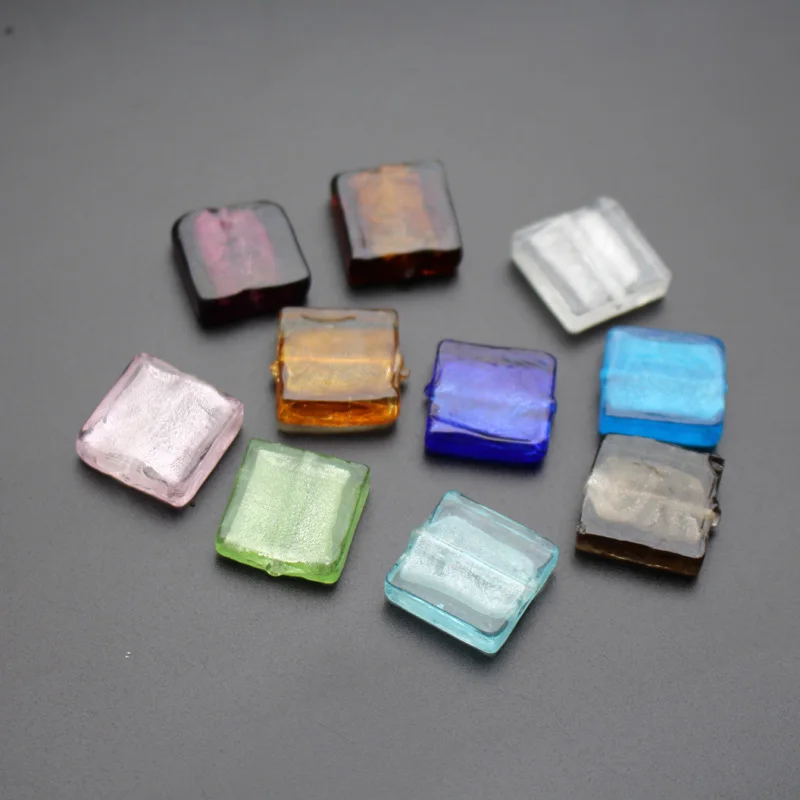 10Pcs 20mm Lampwork Glass Beads Square Flat Foiled Multi-Color for Jewelry Making DIY Craft White Pink Mix