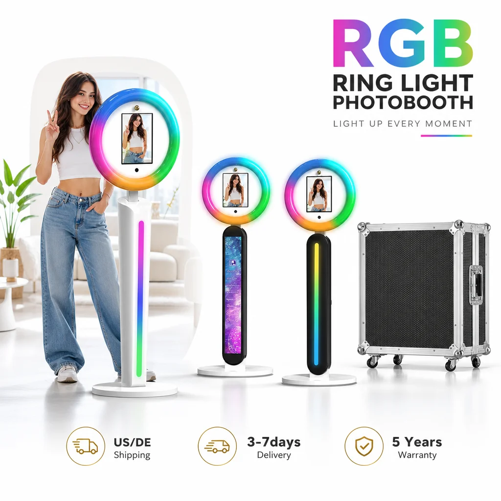 

Portable iPad Photo Booth Selfie Stand with Ring Lights Photobooth Machine For wedding Party Events Fast Delivery Flight Case