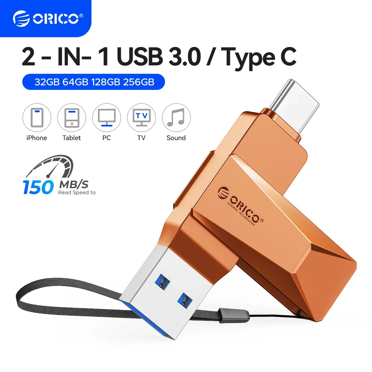 ORICO USB Stick 64GB USB 3.2 Speicherstick OTG Bis zu 150MB/s 2-in-1 Typ C Flash Laufwerk Metall für iPhone 17/16/15/Android-Smartphone/Tablet/Mac/Laptop/PC, Orange, CB05