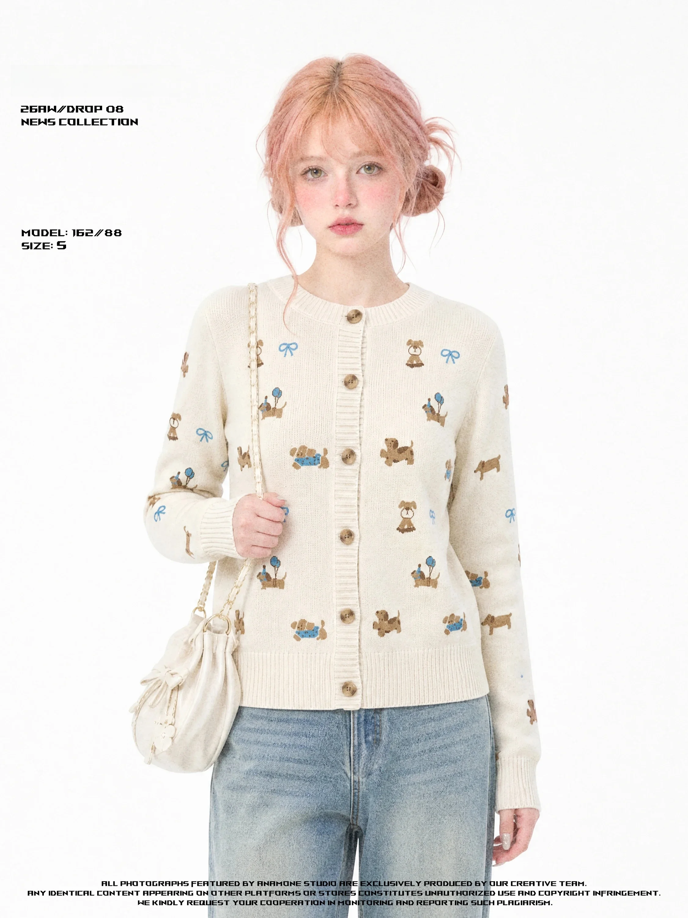 ANAMONE Sweet Korean Style Knitted Dog Print Open Cardigan Sweater Women's Slim Fit Cute Style Autumn 2026 Casual Print Design