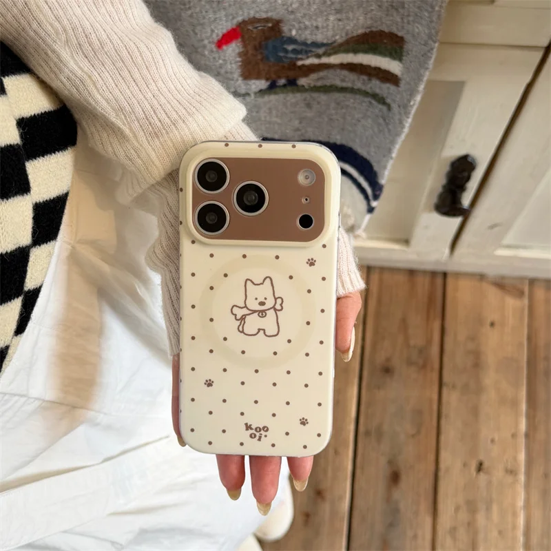 

Magnetic Double Layer Beige Polka Dot Puppy Phone Case For iPhone 17 Pro 16 15 14 17 Pro Max Shockproof Cover Girl 17pro