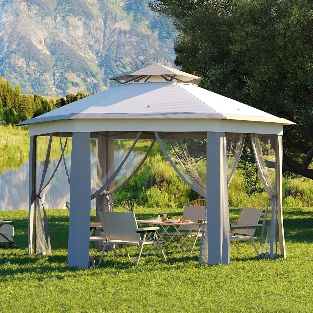 

Pop Up Gazebo 13x13, 6 Side Outside Canopy Tent with Mosquito Netting, One Push Setup for Backyard Patio Garden Activities - Gra