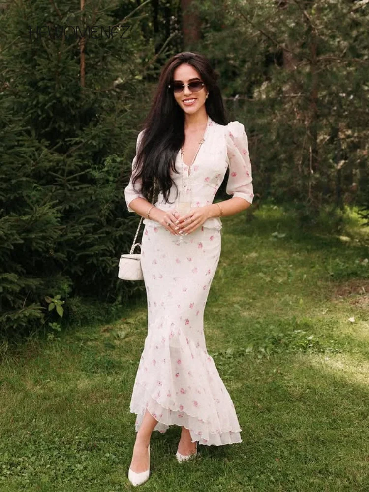 

Sexy Print Tops Skirt Set Women Short Sleeve Button V-neck Shirt Long Ruffles Slim Skirts Female 2025 Summer Fall Lady Suits