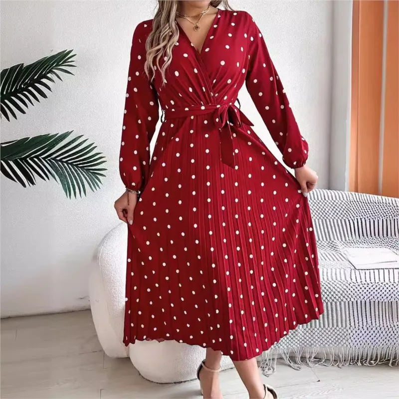 Autumn Winter Elegant Contrasting Wave Dot Cross V-neck Pleated Long Dress 2024 Elegant Women's Lace Up Pullover Big Swing Dress