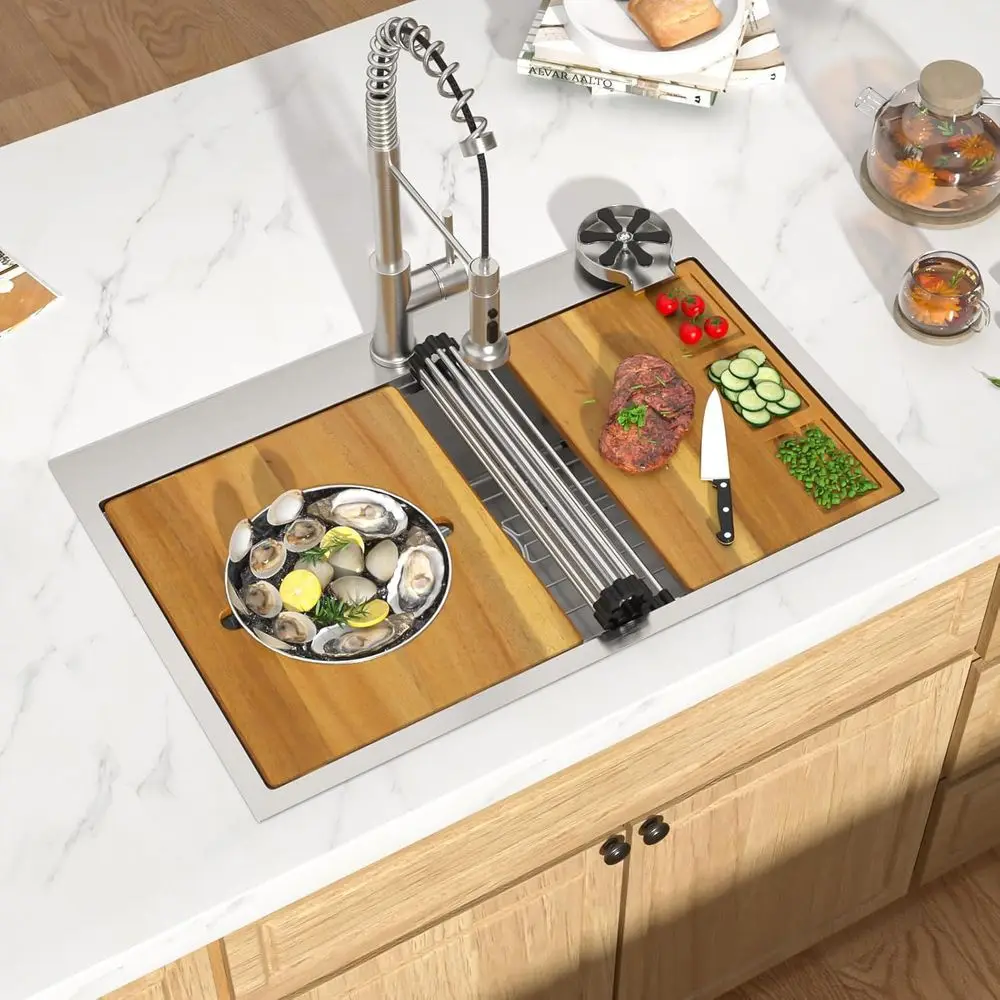 

33" Drop In Kitchen Sink - Workstation All-In One 16 Gauge StainlSteel 33x22 Drop In Sink with Cup Washer Single Bowl Topmount S