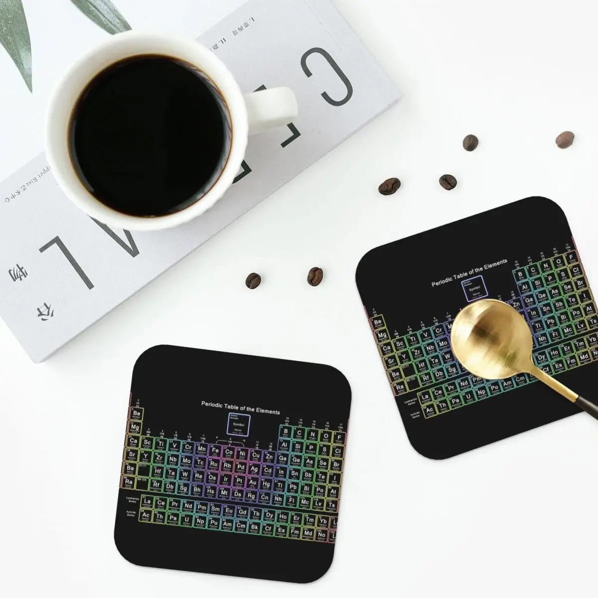 Neon Rainbow Periodic Table Coasters Kitchen Placemats Waterproof Insulation Cup Coffee Mats Decor Home Tableware Pads Set of 4