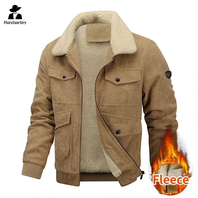 Winter Corduroy Jacket Men's Casual Plus Size Thickened fleece-lined Warm Parka Hiking Camping Fur Collar Windproof Work Coat