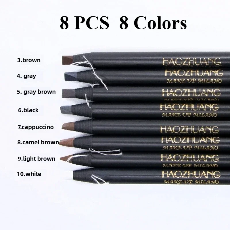 Matite per sopracciglia da 8 pezzi con pennello morbido Impermeabile a lunga durata 8 colori Penna dura Nucleo Superficie opaca Accessori per tatuaggi per trucco Troppo