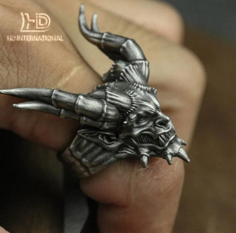 Horned Satanic 925 Silver Ring, Satanic Ring, Men's Motorcycle Ring, Gift for Him-Craftsman made