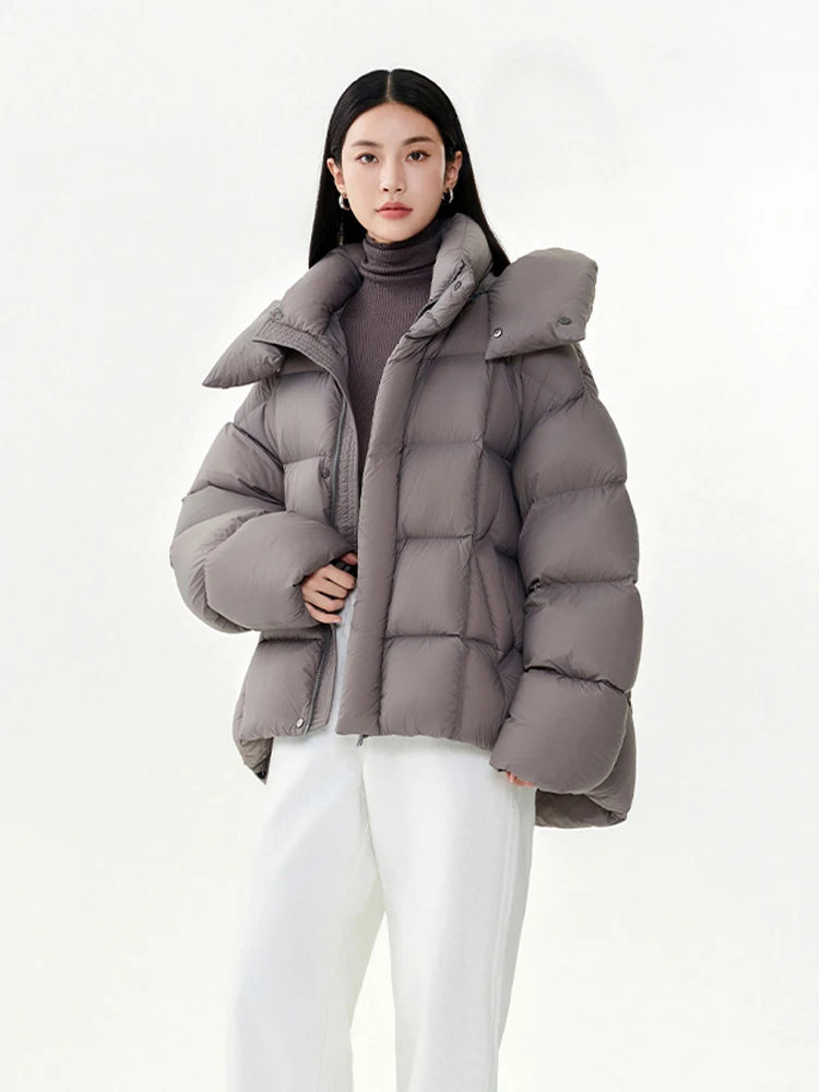 Luxury Women Hooded down jacket Oversize Fluffy 2025 Winter irregular puffer coat Warm Elegant Lady Outwear Brown INKEO DJ108