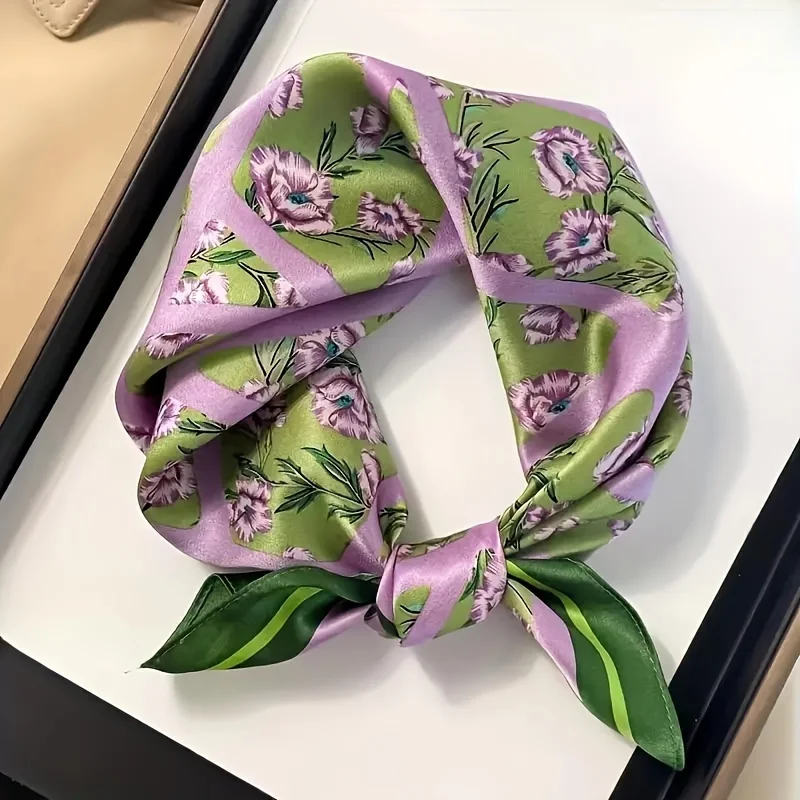 

Green floral print square scarf, elegant thin satin decorative scarf, spring and summer women's headscarf