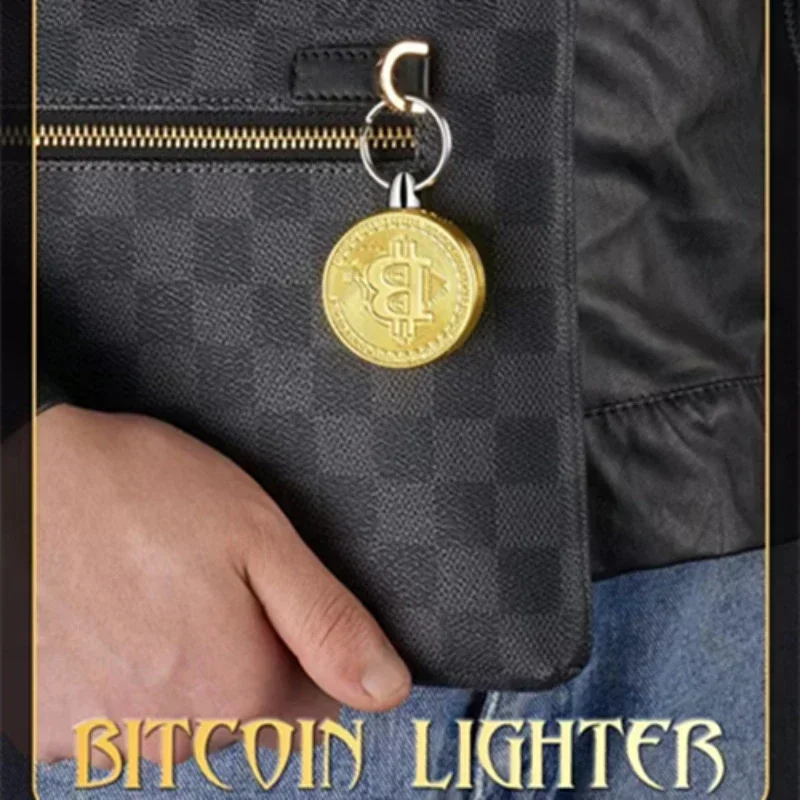 Creative Bitcoin Gold Coin Shape Open Flame Pendant Lighter Butane Gas Spot Commemorative Virtual Currency New Unique Pendant