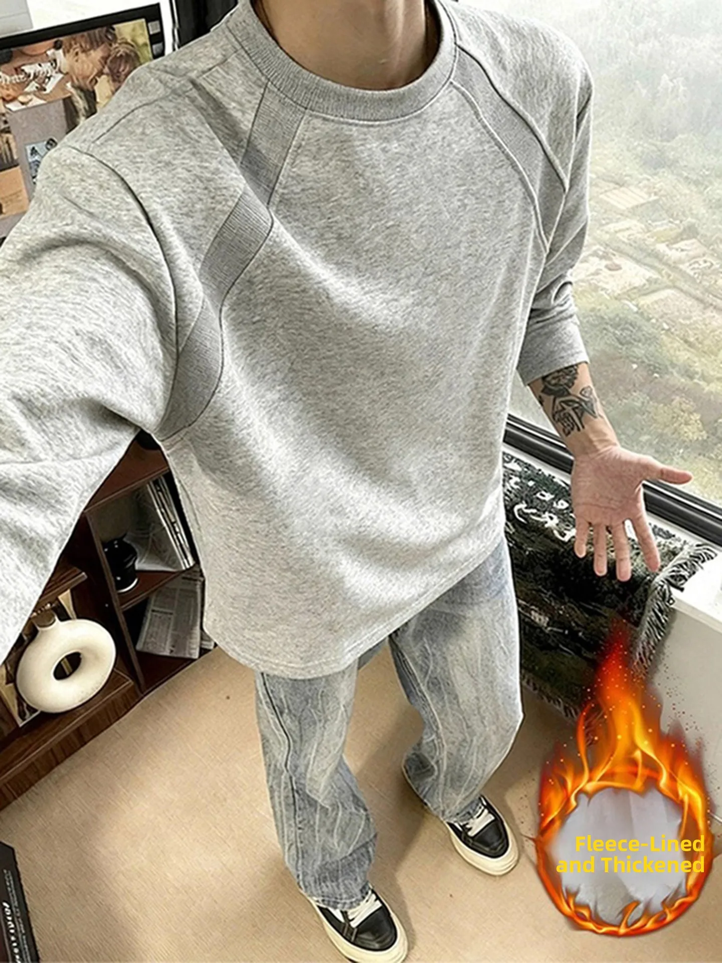

Men's round Ne Fce Lined Long Sve Sweatirt ey Cotton Warm Inner irt American Sle Casual Youth Faion
