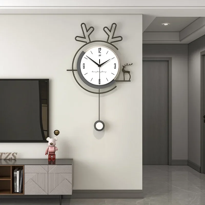 Swingable Deer Wall Clock, Nordic Wood, Home Living Room Decoration, Modern Watch, Quartz Art, Silent Clocks, 60x37cm