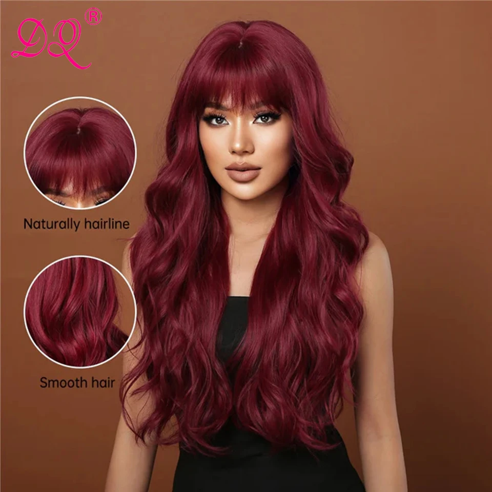 Long Wavy Synthetic Wig With Bangs Curly Hair 99J Burgundy Wine Red Colored Glueless Wigs for Women Halloween Cosplay Party Hair