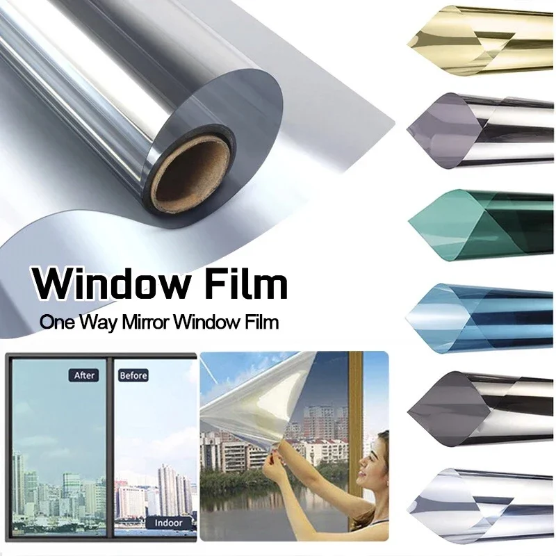 Pegatina de ventana de vidrio autoadhesiva, película de pantalla solar Anti-UV, aislamiento térmico, espejo unidireccional de verano, privacidad