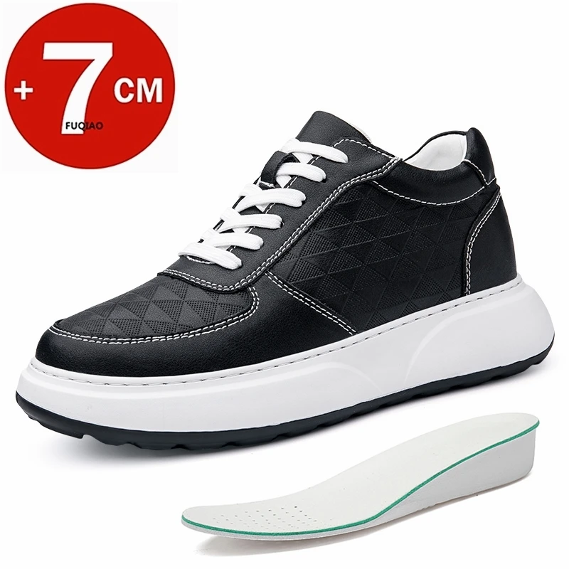 

White Leather Sneakers with Thick Soles Elevator Men Shoes Outdoor Men Formal Shoes 7CM Invisible Inner Height Increasing Sports