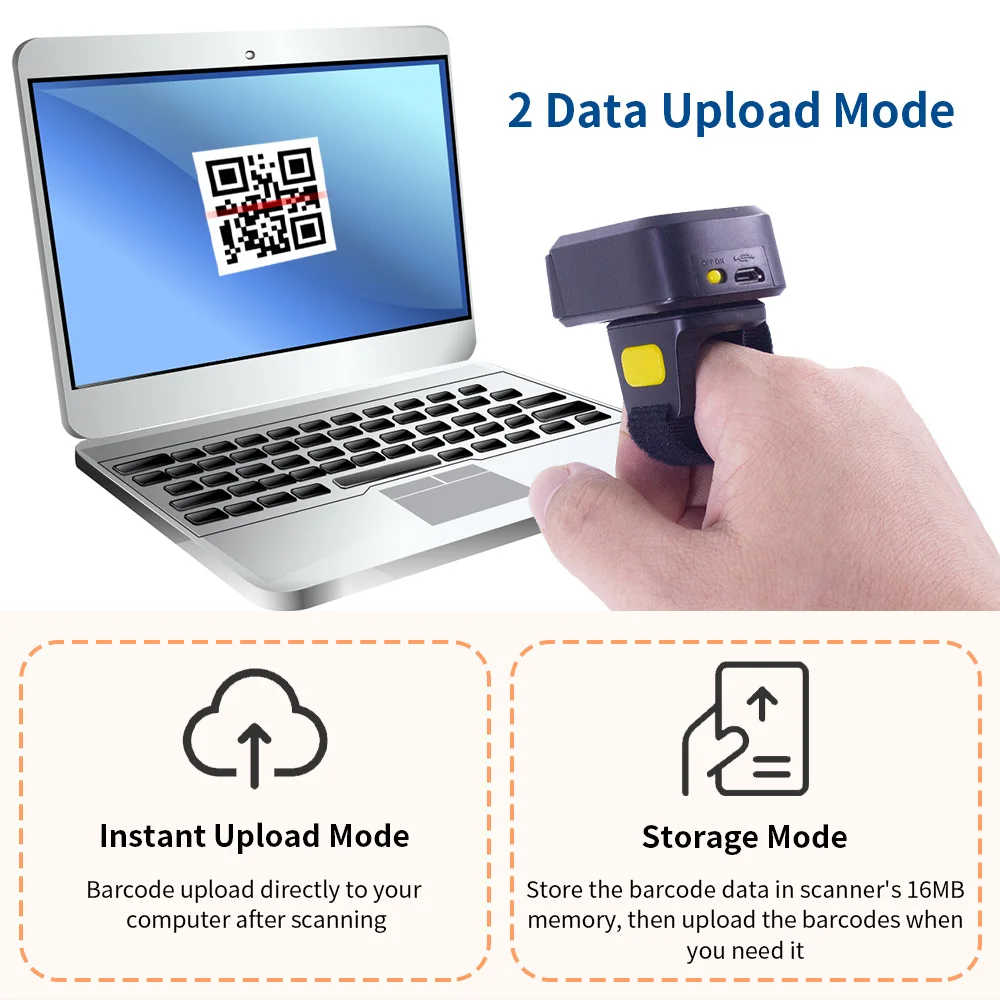 2D Barcode Scanner Portable Finger Handheld Wearable Ring 1D 2D Bar Code Reader BT+2.4G Wireless for Windows PC Computer