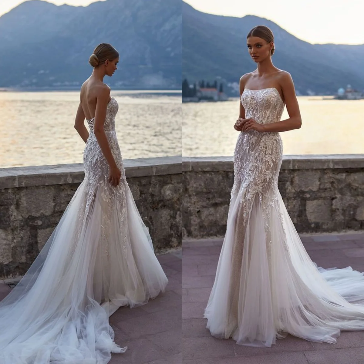 

Customized Spaghetti Strap Mermaid Wedding Dress Enchanting Off Shoulder Lace Decal Bride Dress Tulle Beach Wedding Dress