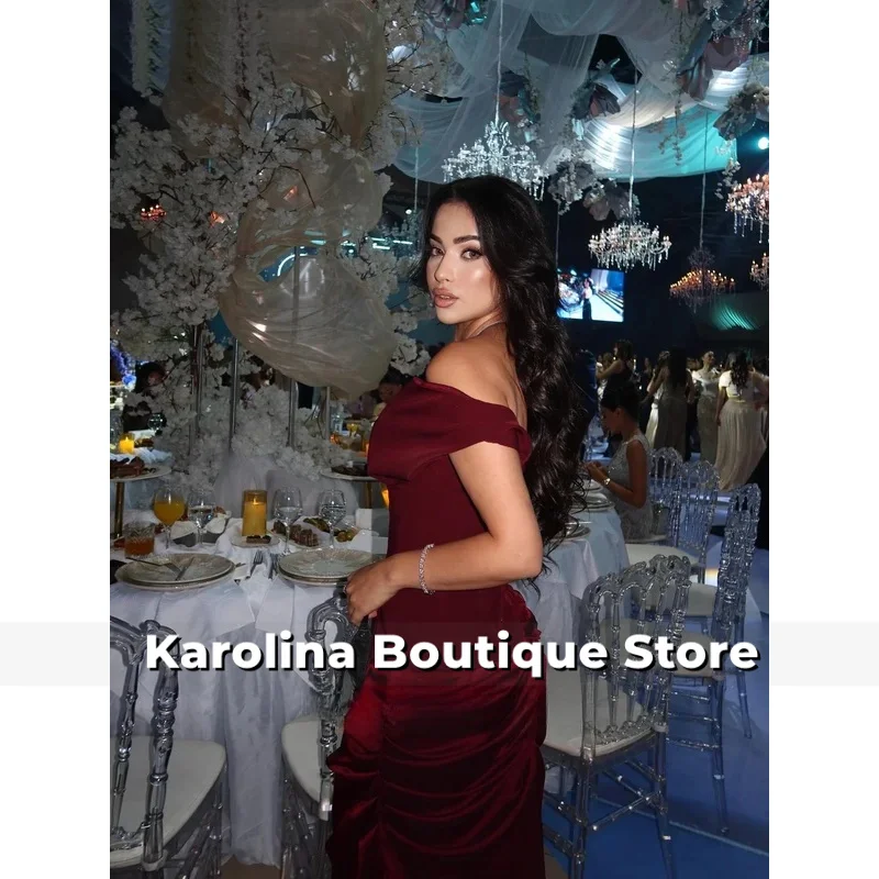 Bourgondische crêpe avondjurk uit de schouder zeemeermin formele gelegenheidsjurk Saoedi-Arabië maxi galajurk op maat