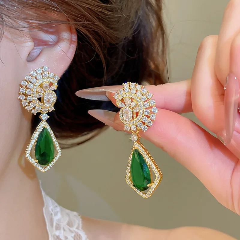 Minar Stylish Green Water Drop CZ Cubic Zirconia Geometric Long Dangle Earrings for Women Real Gold Plated Copper Party Jewelry