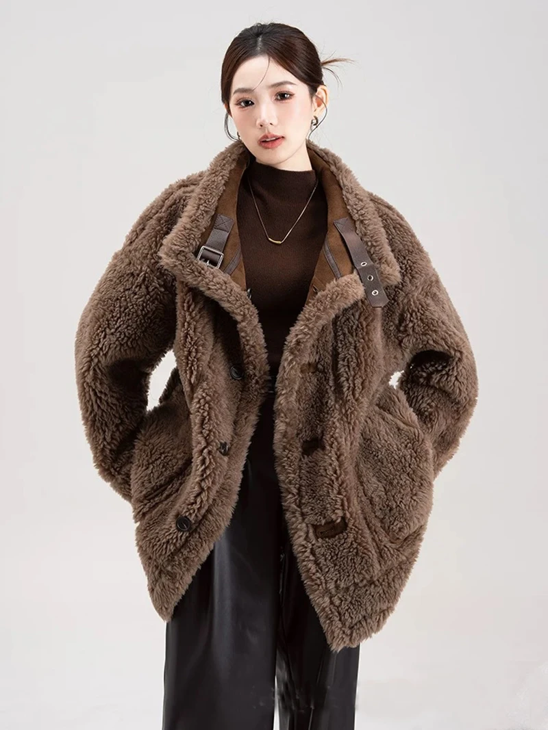 ZADORIN Winter Double-Sided Long Brown Faux Fur Coat Woman Chic Stand Collar Warm Lamb Fur Faux Coats Faux Fur Jackets for Woman