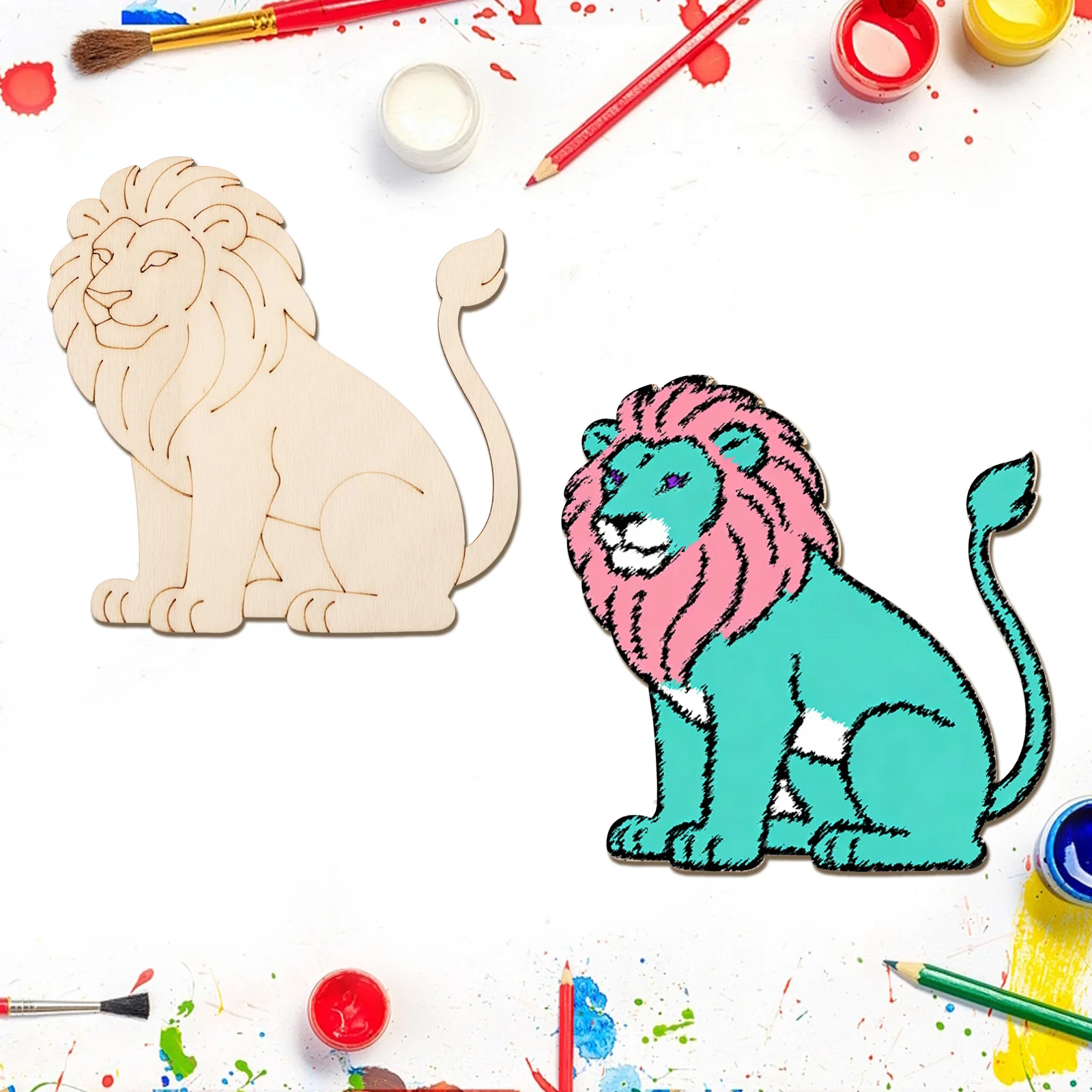 10個/セット 未完成の木製ライオン動物オーナメント、木製吊 - Art Craft Lion のレビューと価格