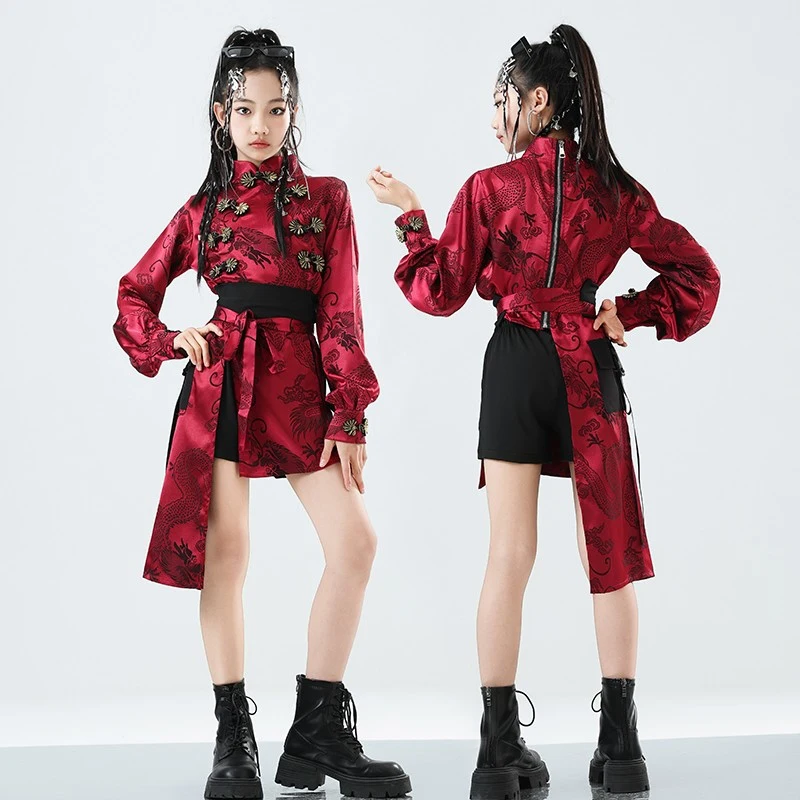 

Детские костюмы для джазовых танцев для девочек, групповые танцоры Gogo, сценическая одежда в стиле хип-хоп, красные свободные наряды в китайском стиле, VBH1534