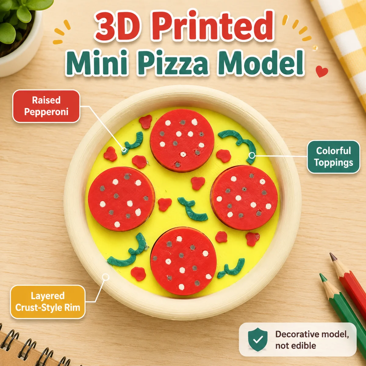 3D Printing In Food - 1個入り 8.5cm 丸型ペパロニピザ フィジェットデスクデコレーション、エコ3DプリントPLAスライドプレス フードテーマ ストレス解消テーブルオーナメント