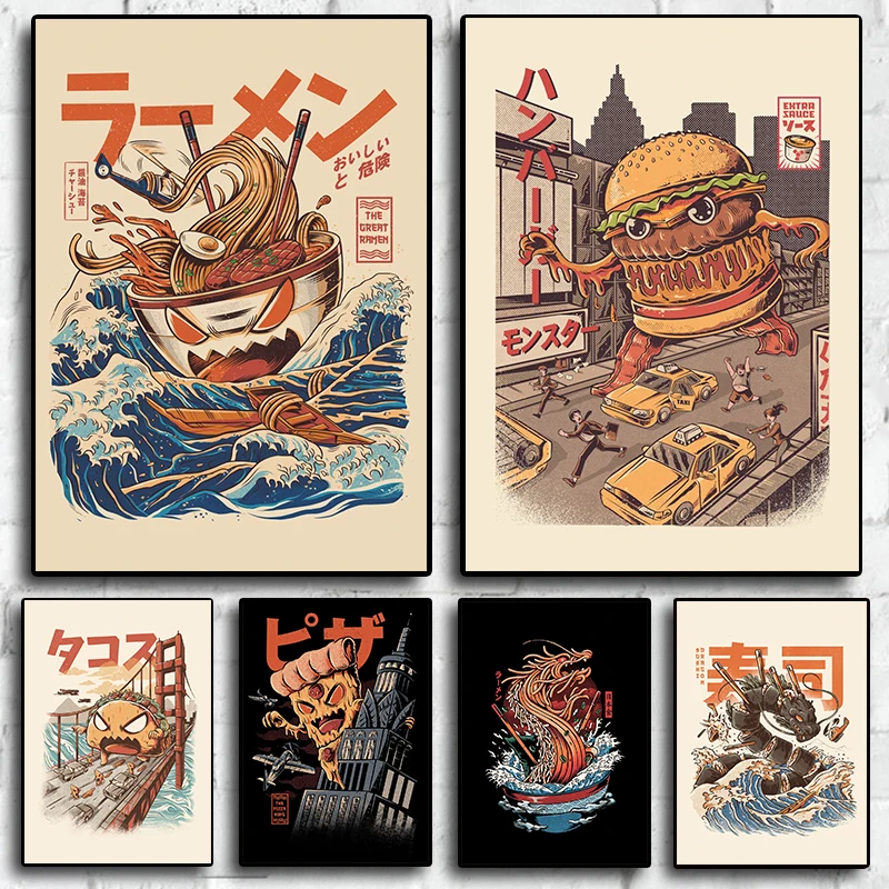 Pintura en lienzo de calidad de fideos de hamburguesa de Sushi de Anime Retro japonés, carteles para habitación, cocina, restaurante, arte de pared, imagen de decoración del hogar