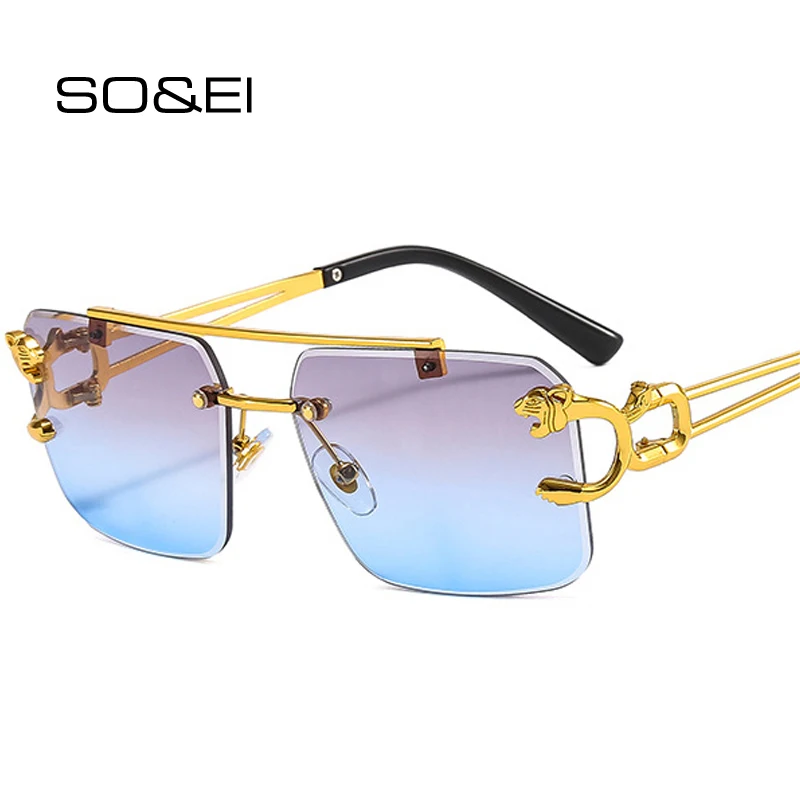 

SO&EI Fashion Double Bridges Rimless Square Women Luxury Sunglasses Retro Brand Designer Clear Ocean Gradient Lens Shades UV400