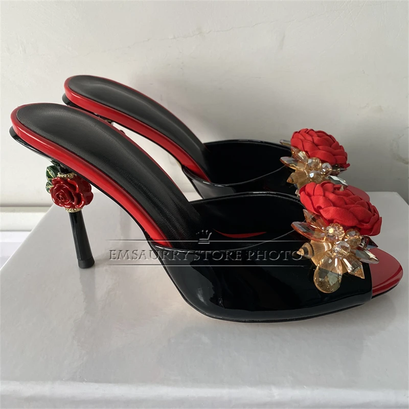 Jeweled Rhinestone Flower Buckle Sandals Women Carved Rose Strange Heel Slingbacks Mules For Girls Summer